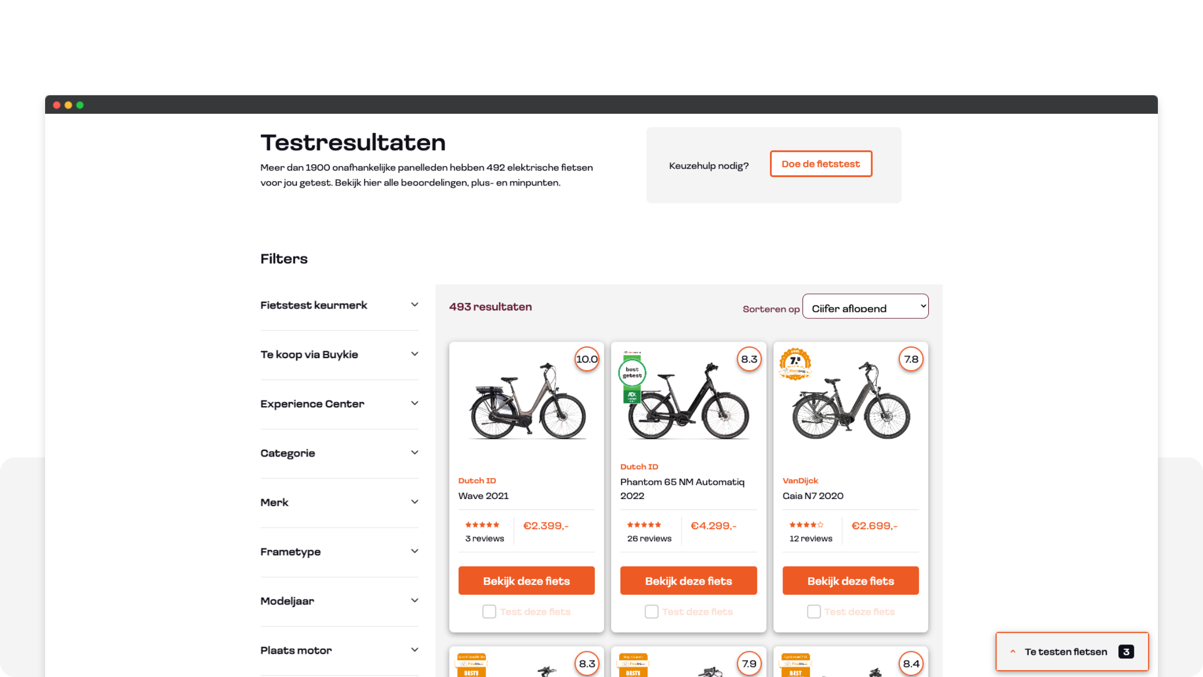 Resultatenpagina - Overzichtspagina met fietsen en een selectie-tool voor het inplannen van testdagen